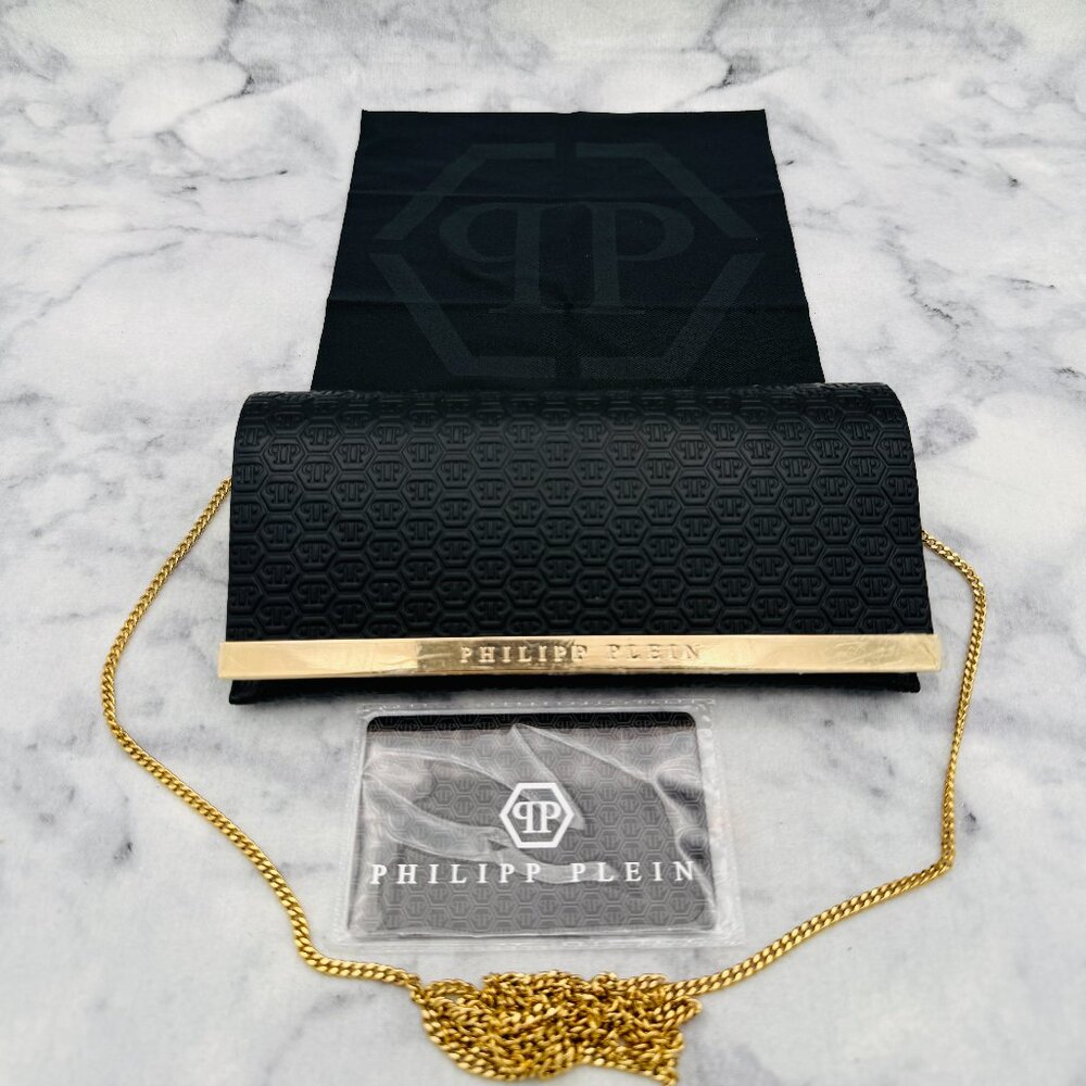 Philipp Plein Sunglasses Case Set, Black Suede Leather,Gold Shoulder Chain,Cloth - Picture 3 of 9
